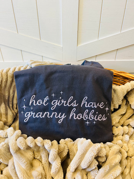 Embroidered Hot Girls Granny Hobbies Tee