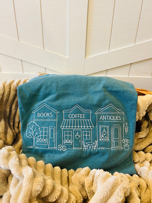 Embroidered Coffee Books Antiques Tee