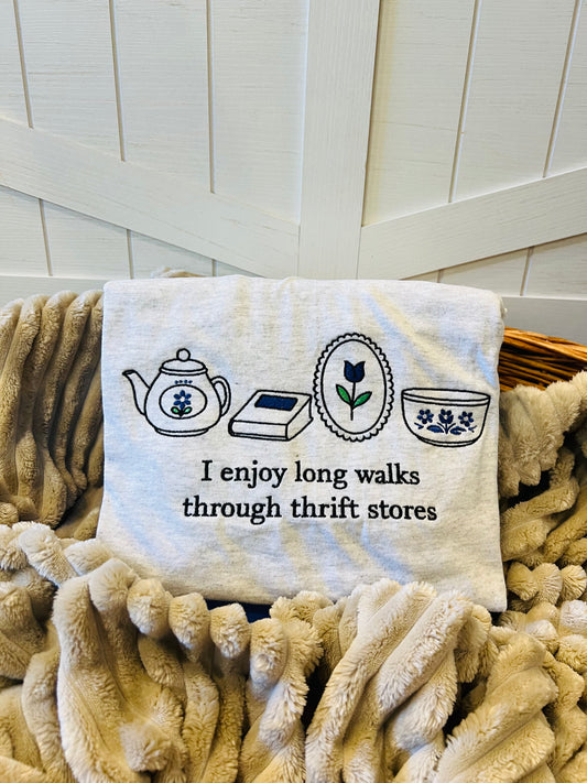 Embroidered Long Walks Through Thrift Store Tee