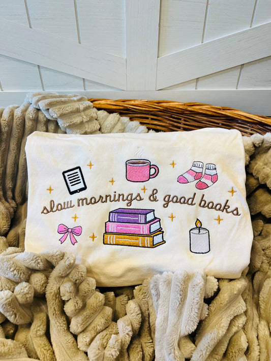 Embroidered Slow Mornings Good Books Tee