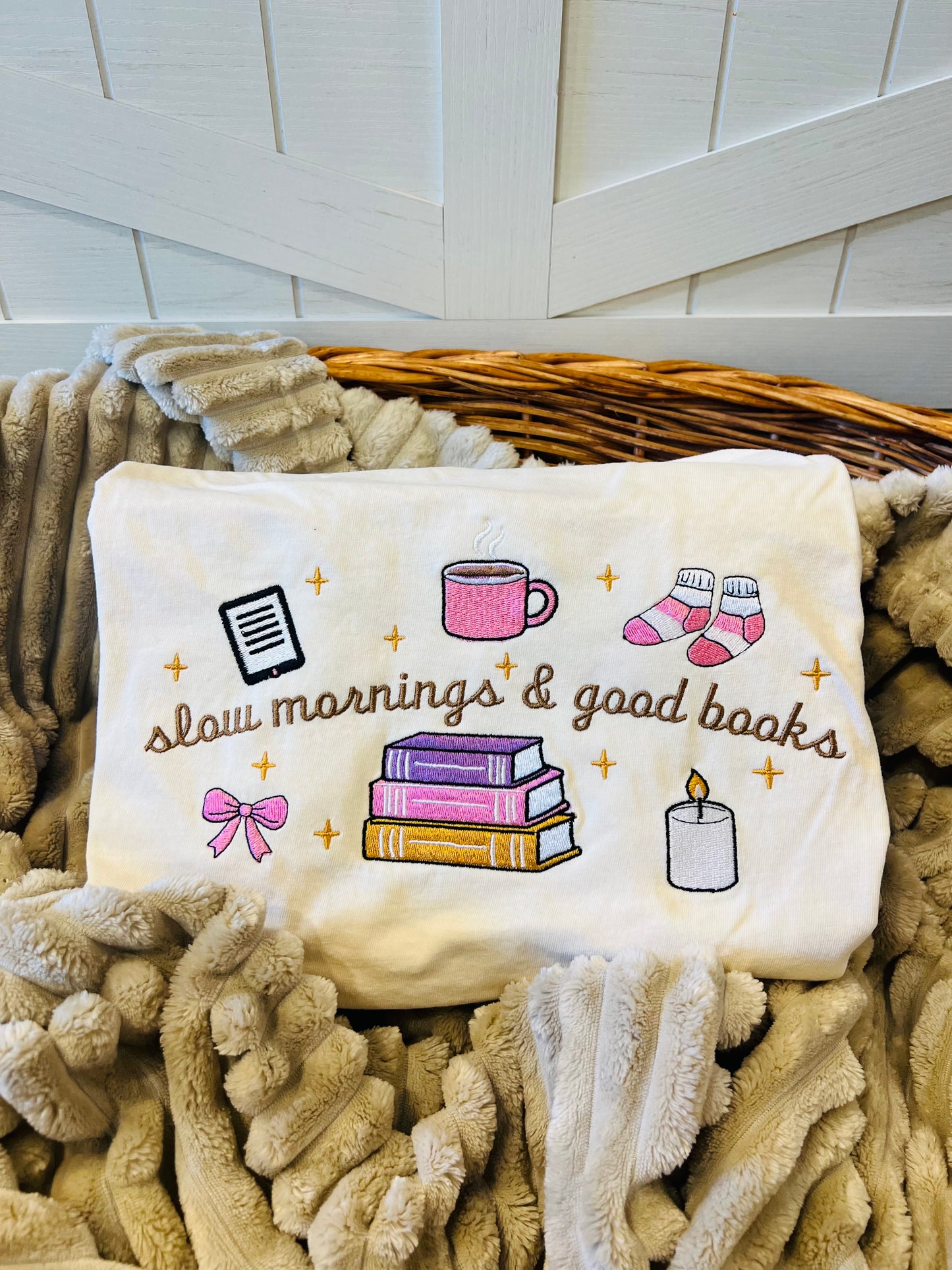 Embroidered Slow Mornings Good Books Tee